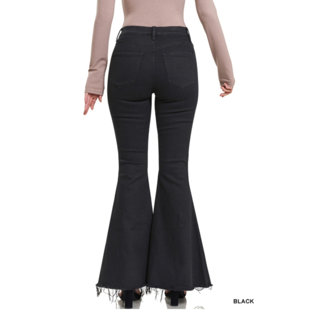 Zenana Raw Hem Bell Bottom Button Fly Distressed‎ Black Jeans NWT - Picture 3 of 3